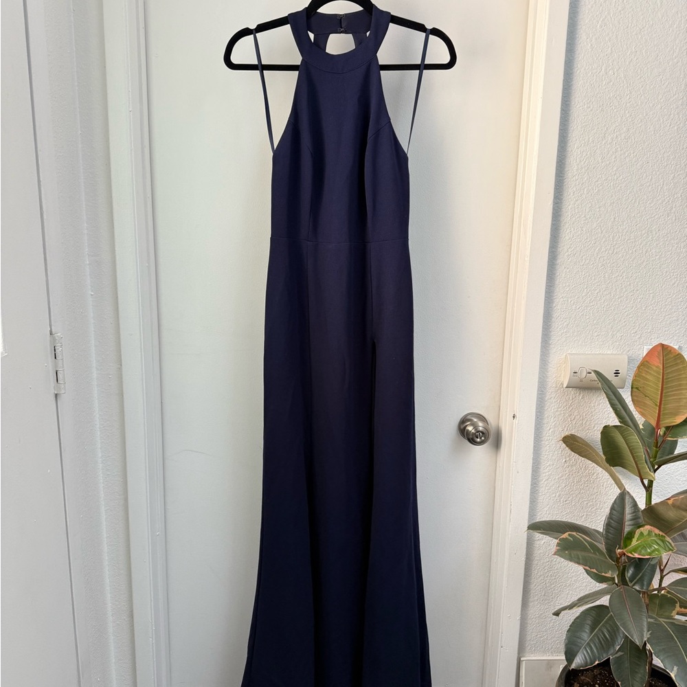 BHLDN LENNOX HALTER OPEN-BACK SIDE-SLIT STRETCH CREPE GOWN